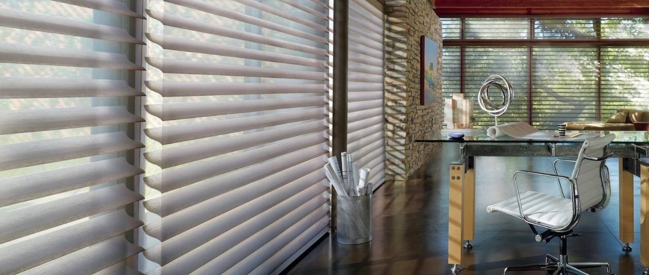 Hunter Douglas commercial window treatment in a rustic modern office near College Station, TX