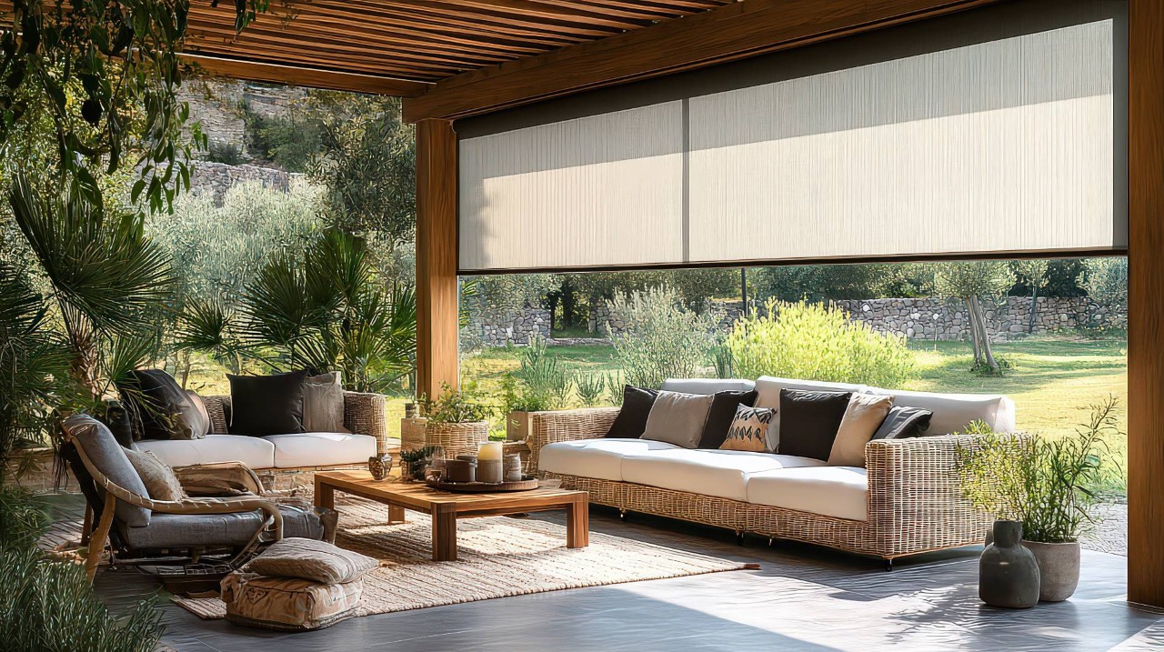 Outdoor shades blocking light on a covered patio near College Station, TX