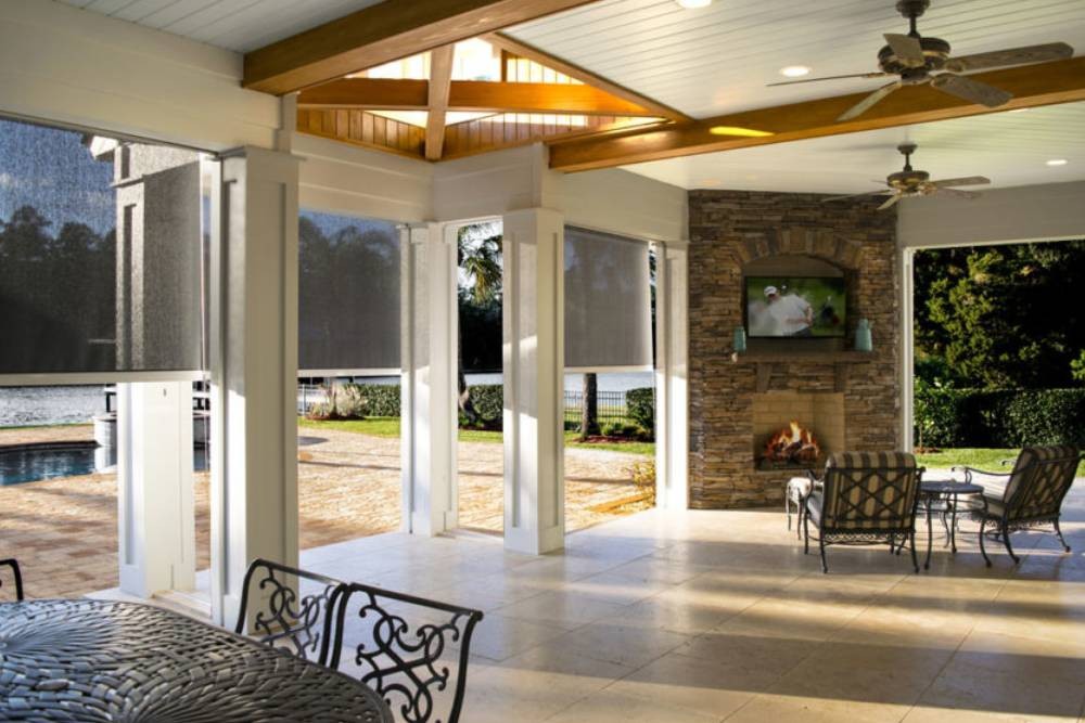 Rainier outdoor shades on the exterior of a home near College Station, TX