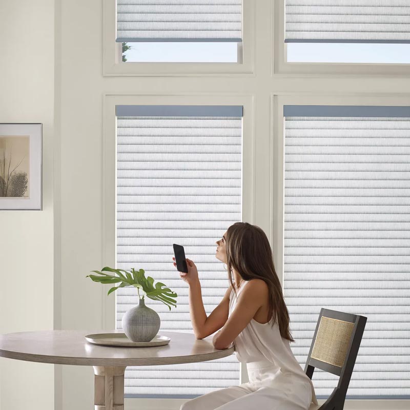woman controlling motorized window treatment
