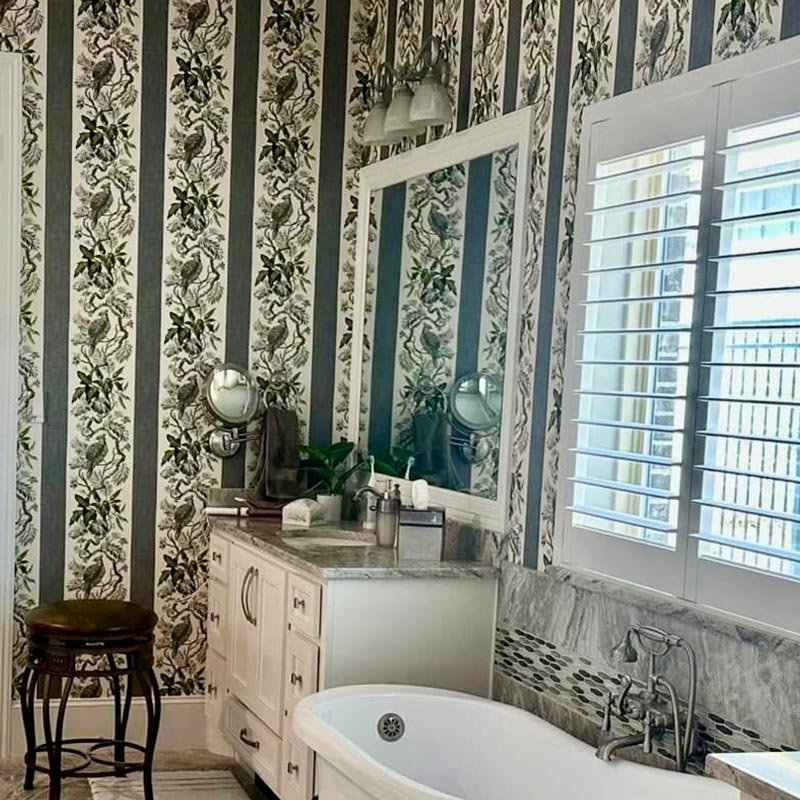 striped floral wallpaper in bathroom