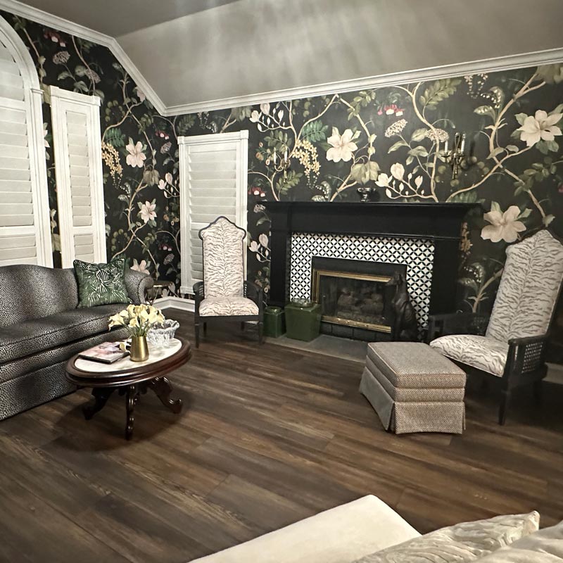 black floral wallpaper in living room